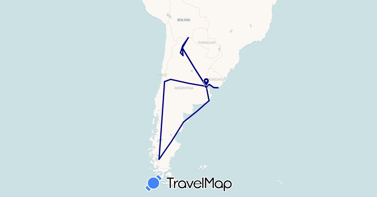 TravelMap itinerary: driving in Argentina, Bolivia, Chile, Uruguay (South America)